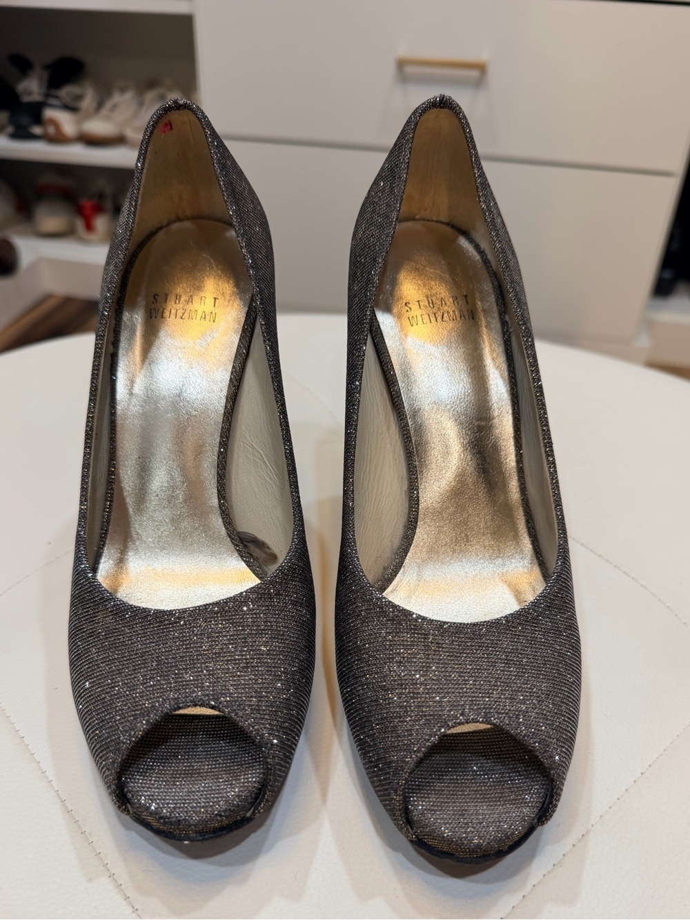 Stuart Weitzman Metallic Pewter Glitter Peep Toe Pumps | Size 8